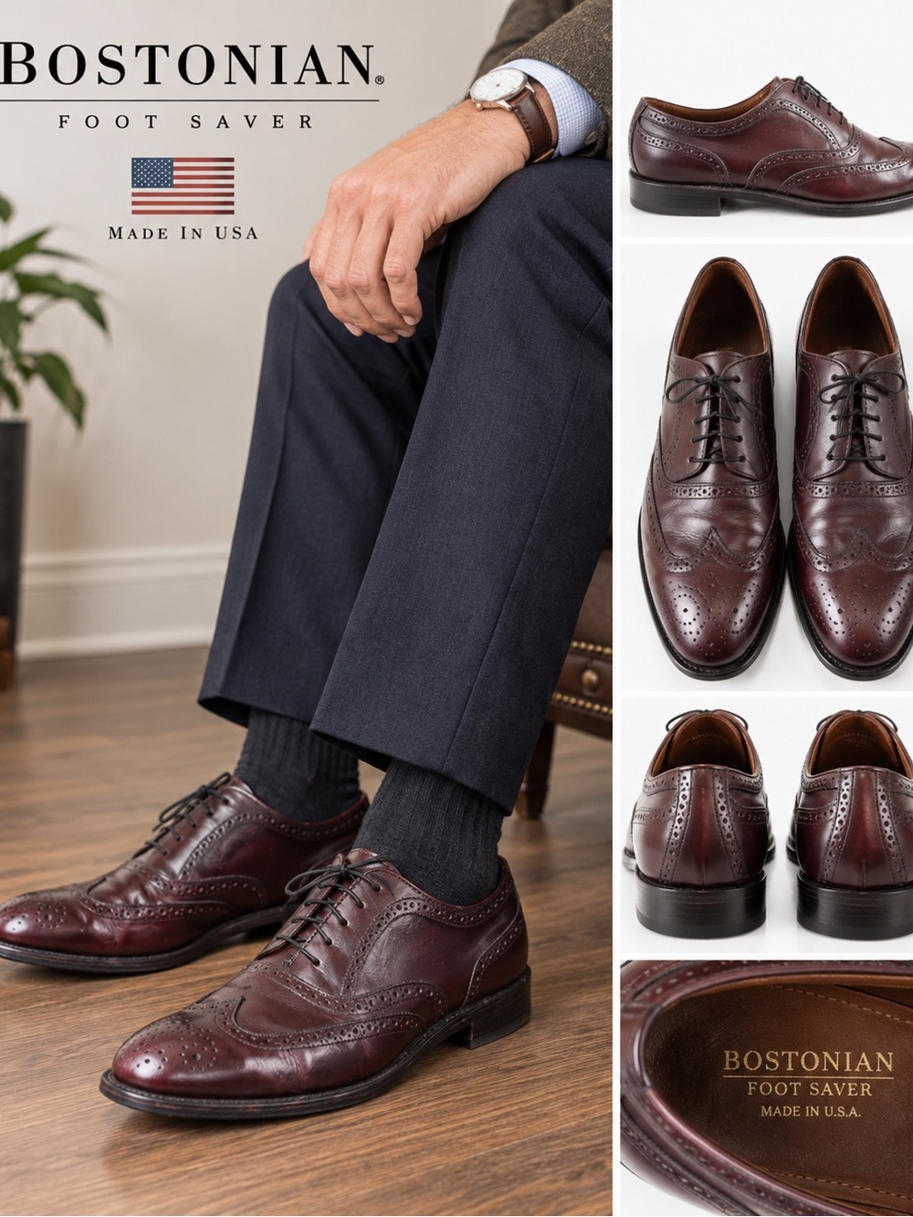 Bostonian Foot Saver Burgundy Leather Wingtip Oxfords Men’s 7.5